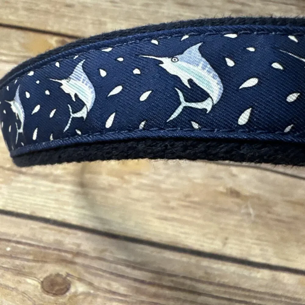 Vineyard Vines Boys Navy Blue & Brown Leather Preppy Swordfish Belt 28